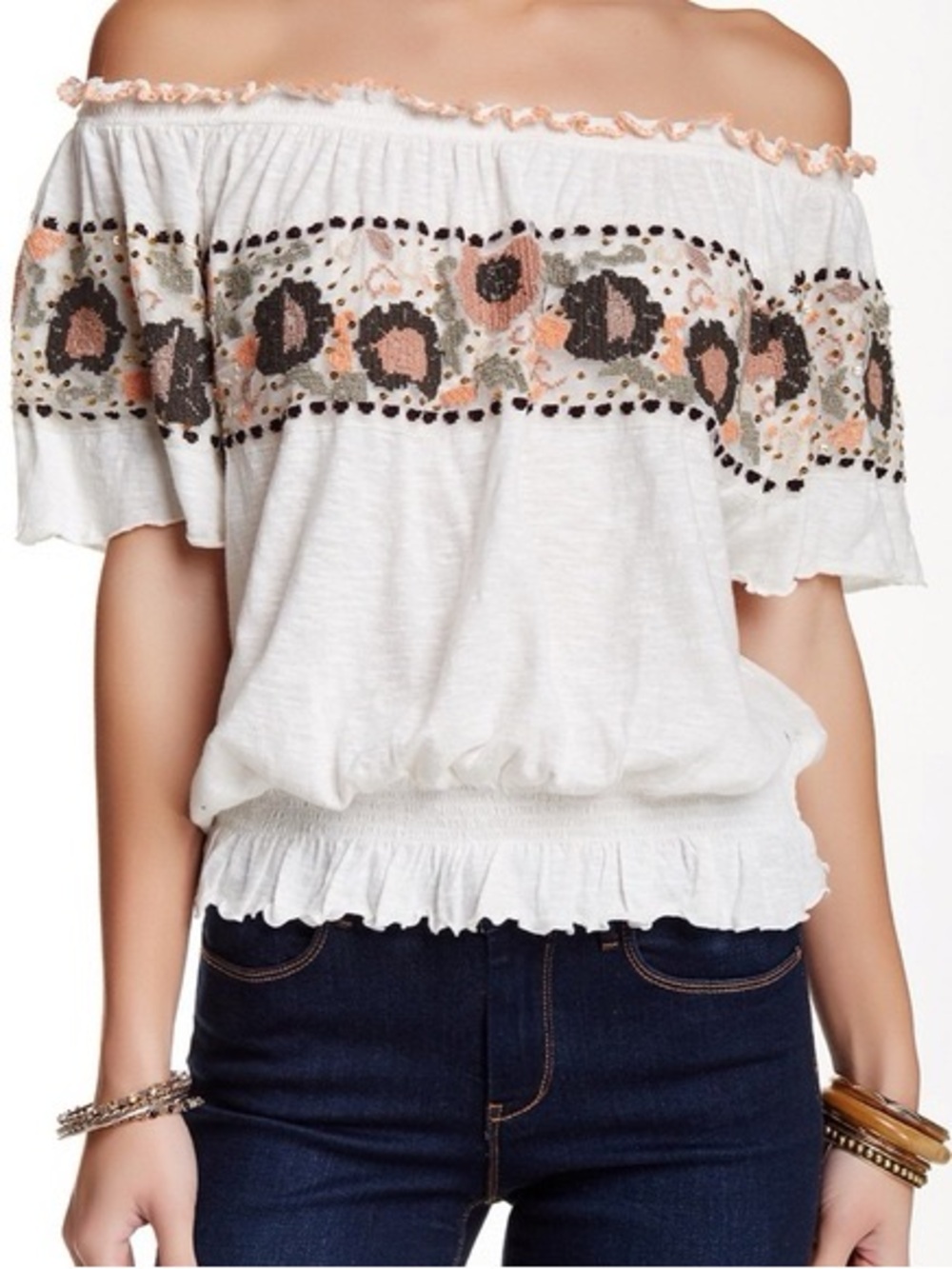 FREE PEOPLE — Women’s White Off-Shoulder Floral Embroidered Top